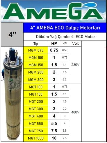 Amega MGT 400  4Hp 380V 4\'\' Döküm Yağ Çemberli Derin Kuyu Sondaj Dalgıç Motor (Eco motor)