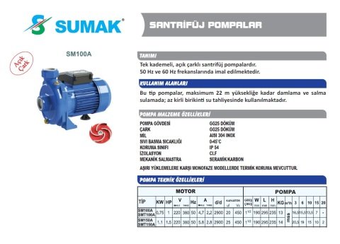 SUMAK SMT100-A 1Hp 380v Açık Çarklı Santrifüj Pompa