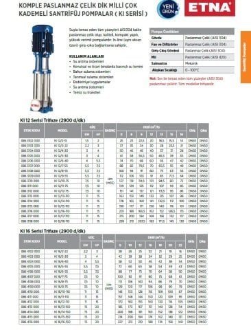 Etna KI 12/18-110     15Hp 380V  Dik Milli Komple Paslanmaz Çelik Çok Kademeli Santrifüj Pompa