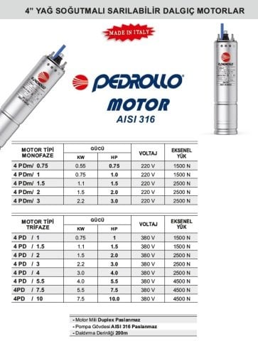 PEDROLLO 4PD/1.5 1.5HP 380V Dalgıç motoru İtalyan Malı (motor)