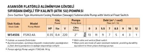 Water Sound Fsm2.4a - 0.55 Hp Asansör Flatörlü Atık Su Dalgıç Pompa