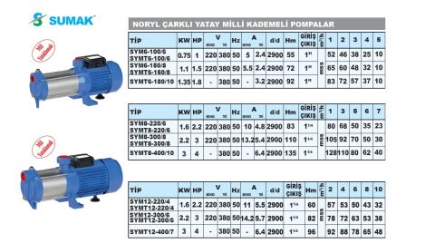 Sumak SYMT6 180/10  1.8Hp 380V  Noril Çarklı Yatay Milli Kademeli Pompa - 2900 d/d