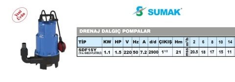 SUMAK SDF15Y  1.5hp 220v Plastik Gövdeli Drenaj Dalgıç Pompa