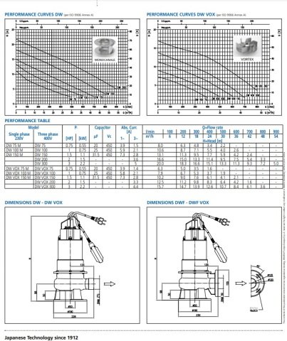 EBARA DW VOX 200   380V  2HP Komple Paslanmaz Açık Fanlı Dalgıç Pompa