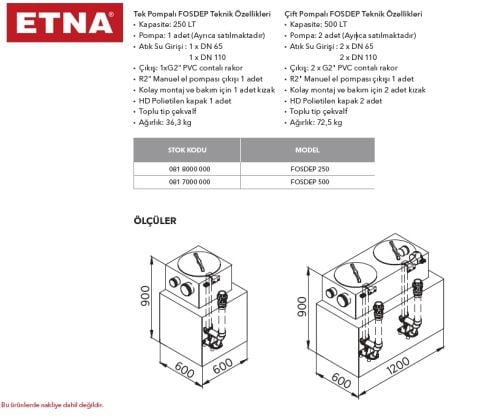 Etna FOSDEP 500  Atıksu Tahliye Ünitesi (*Pompalar ayrıca satılmaktadır.)