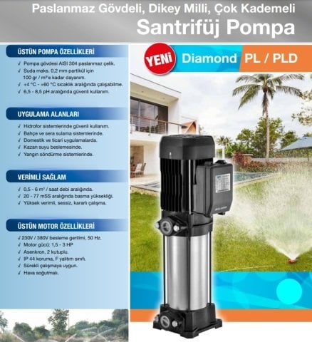 Alarko  PLD 4-6      2Hp  220V    Paslanmaz Gövdeli Dikey Milli Çok Kademeli Santrifüj Pompa