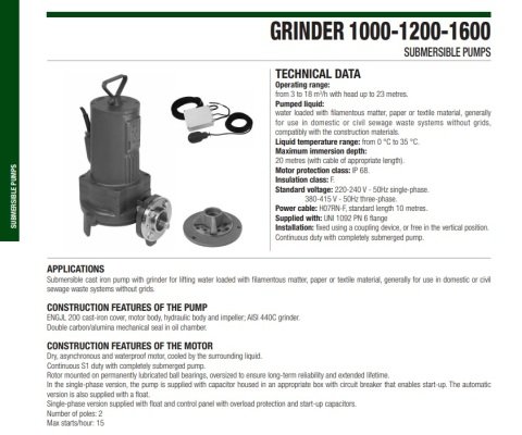 Dab  GRINDER 1000 T    1kW  380V   Parçalayıcı Bıçaklı Foseptik  Atık Su Dalgıç Pompa (Çelik öğütme sistemi)