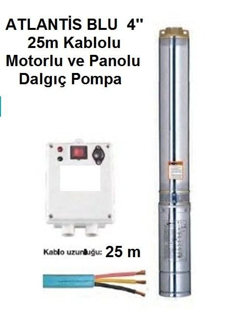 Atlantis  4SDM414    1.5Hp-220V   4\'\'Çaplı  25mt Yekpare Kablolu + Motorlu + Panolu Dalgıç Pompa