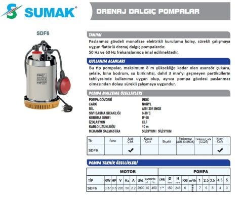 SUMAK SDF6 0.5 HP PASLANMAZ GÖVDELİ DRENAJ DALGIÇ POMPA