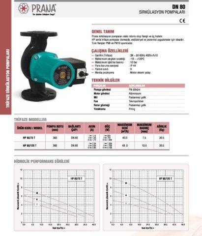 Prana  HP 65/120 340T  DN 65  380V   Tek Hızlı Flanşlı Tip Sirkülasyon Pompası