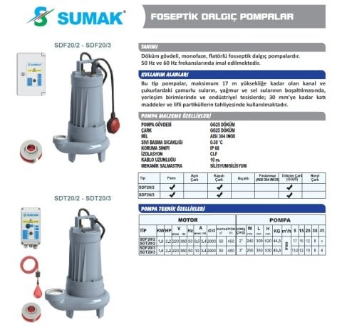 SUMAK SDF20/2 2.2HP 220v Açık Fanlı Pis Su Dalgıç Pompa