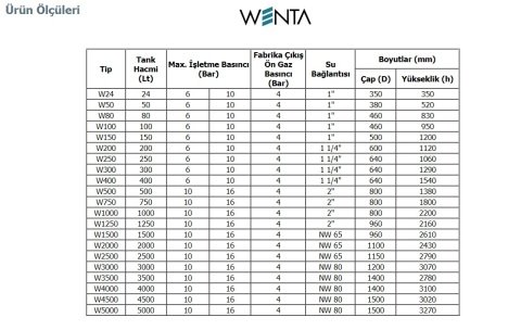 Wenta WE-1000  1000 Litre  10 Bar  Dikey Ayaklı  Tip Hidrofor ve Genleşme Tankı-Manometreli
