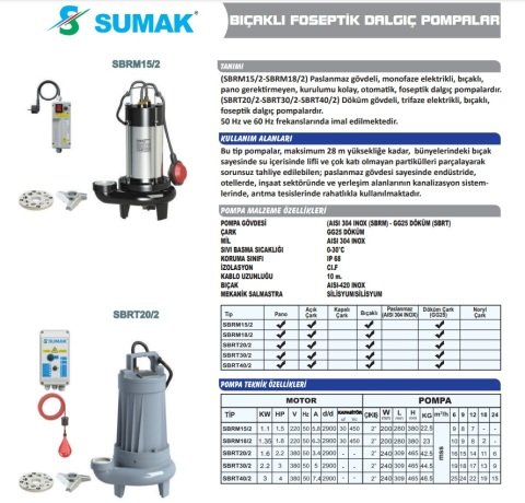 SUMAK SBRT 30/2 3Hp 380v Bıçaklı (kırıcılı) Foseptik Dalgıç Pompa