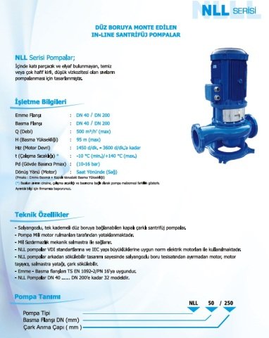 Norm NLL  80/200     2.2 kW  380V   Tek Kademeli İnline Tip Kuru Rotorlu Salyangoz Gövdeli Santrifüj Pompa (1450 d/dk)