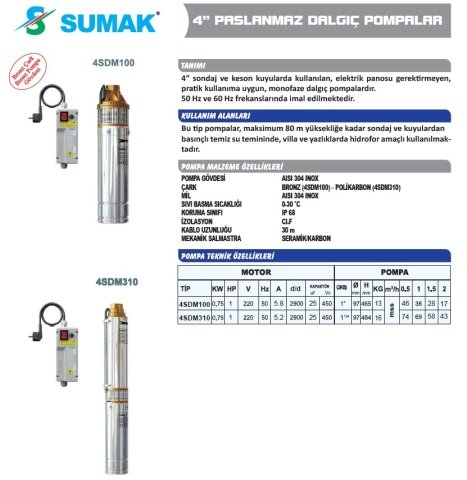SUMAK 4SDM310 4\'\' PASLANMAZ DALGIÇ POMPA