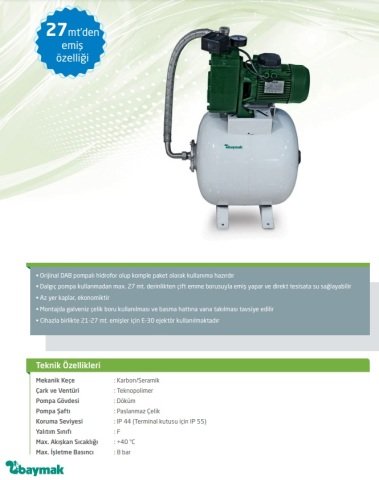 Baymak DP 251 T    2.5 Hp 380V  50 Lt. Tanklı Kendinden Emişli E20 Enjektörlü Hidrofor