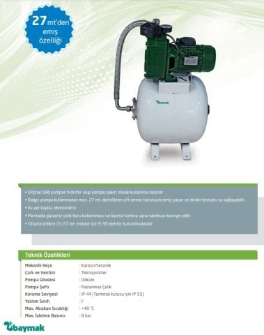 Baymak DP 251 T    2.5 Hp 380V  50 Lt. Tanklı Kendinden Emişli E25 Enjektörlü Hidrofor