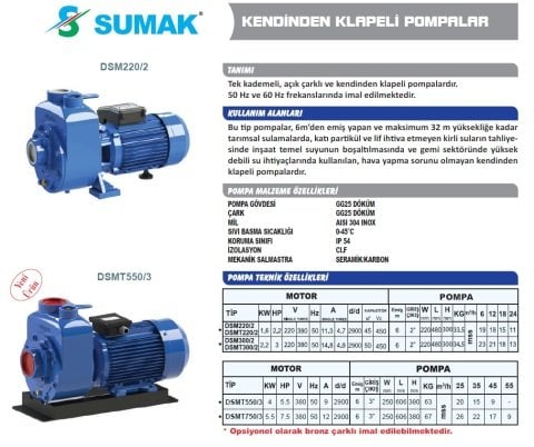 SUMAK DSMT220/2 2.2Hp 380v Kendinden Klapeli Santrifüj Pompa