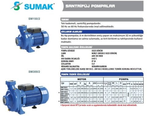 SUMAK SM 160/2 1,5 HP SANTRİFÜJ POMPA