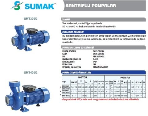 SUMAK SMT 300/3 3 HP SANTRİFÜJ POMPA