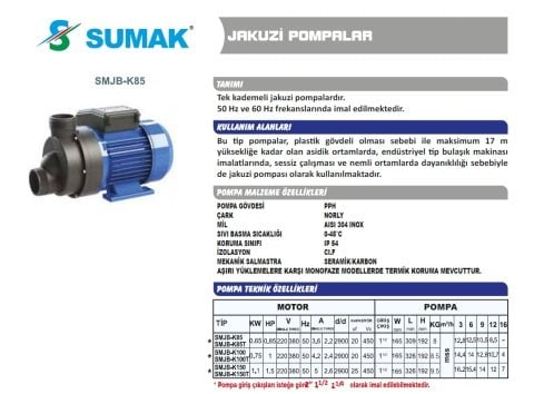 SUMAK SMJB-K100 1HP 220v Jakuzi Pompası