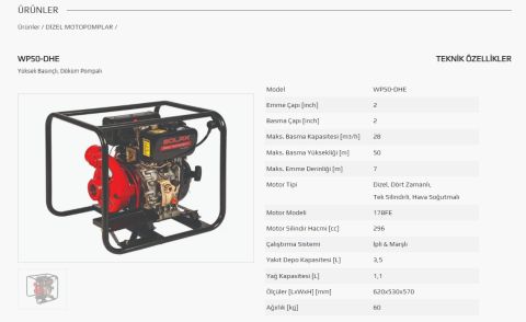 SOLAX WP-50DHE   2'' X 2''  İPLİ MARŞLI YÜKSEK BASINÇLI DİZEL SU MOTORU (MOTOPOMP-AKÜSÜZ)