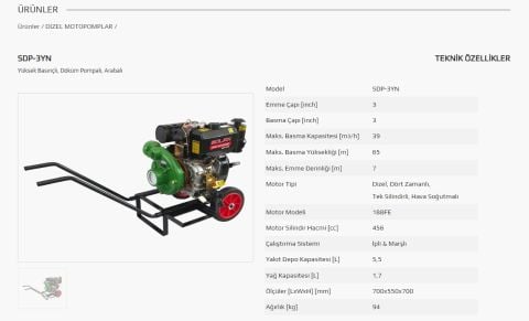 SOLAX SDP-3YN   3'' X 3''  İPLİ MARŞLI YÜKSEK BASINÇLI DİZEL SU MOTORU (EL ARABASI TİPİ-AKÜSÜZ)