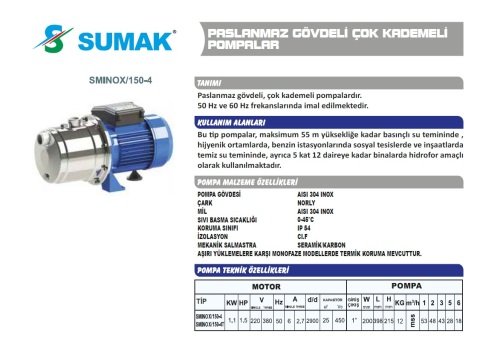 SUMAK SMINOX/150-4 1.5 HP 220V PASLANMAZ ÇOK KADEMELİ POMPA