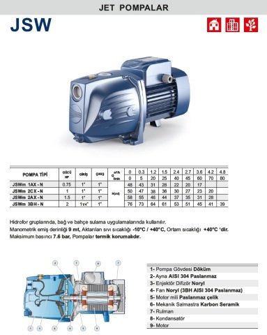 Pedrollo  JSWm 3BH-N    2Hp 220V  Döküm Gövdeli Jet Pompa