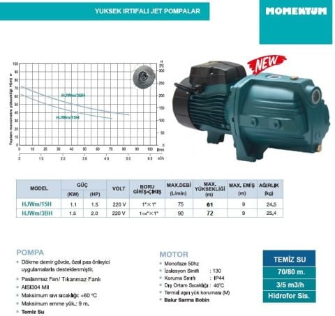 Momentum, HJWm/3BH, 220V, 2Hp, Yüksek İrtifalı, Döküm Gövdeli Jet Pompa