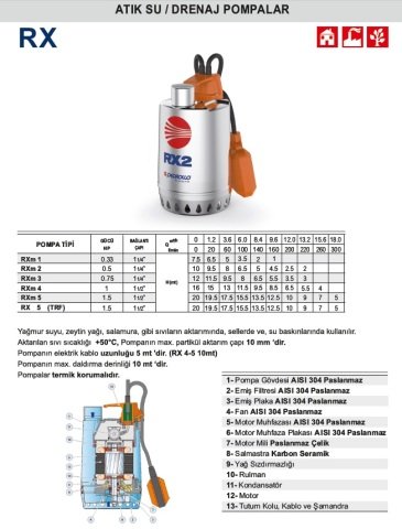 PEDROLLO RXM 2 220V 0.5HP Komple Paslanmaz Drenaj Dalgıç Pompa