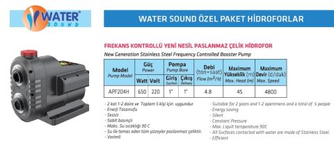 WATER SOUND, APF204H, 0.85HP, FREKANS KONTROLLÜ, YENİ NESİL, PASLANMAZ, ÇELİK HİDROFOR
