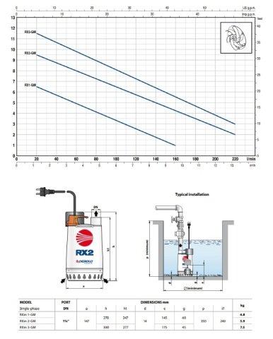 PEDROLLO RXM 3-GM 220V 0.75HP Gizli Flatörlü Paslanmaz Drenaj Dalgıç Pompa