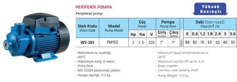 WATER SOUND, PM150, 2HP, 220V, PİRİNÇ FANLI, YÜKSEK BASINÇLI PERİFERİK POMPA