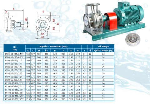 Varan Pompa CY100-80-200/5.5T 7.5hp (1500 d/d) Komple Paslanmaz Çelik (AISI 316) Kaplinli Santrifüj Pompa