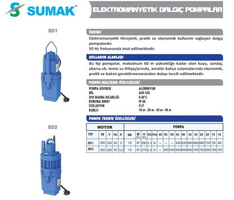 SUMAK SD1 1/2\'\' 40MT KABLOLU DALGIÇ POMPA