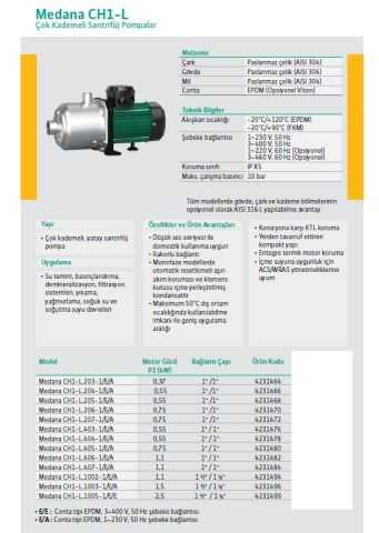WİLO MEDANA CH1-L.205-1/E/A/10T   0.55kW 380V  PASLANMAZ GÖVDELİ ÇOK KADEMELİ YATAY SANTRİFÜJ POMPA