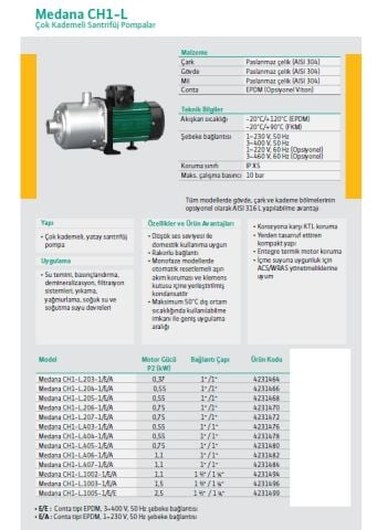 WİLO MEDANA CH1-L.1002-1/E/A/10T   1.1kW 380V  PASLANMAZ GÖVDELİ ÇOK KADEMELİ YATAY SANTRİFÜJ POMPA
