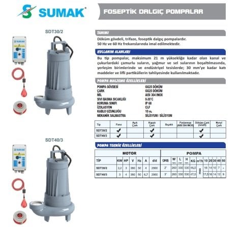 SUMAK SDT 20/2 2.2 HP 380W FOSEPTİK DALGIÇ POMPA