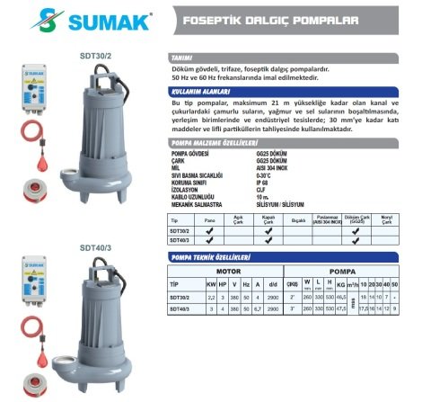 SUMAK SDT 30/2 3.HP 380W FOSEPTİK DALGIÇ POMPA