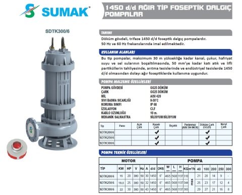 SUMAK SDTK 200/6 20.HP 380W AÇIK FANLI FOSEPTİK DALGIÇ POMPA
