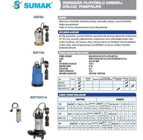 SUMAK SDF13A 1.HP 220V ASANSÖR FLATÖRLÜ DRENAJ DALGIÇ POMPA