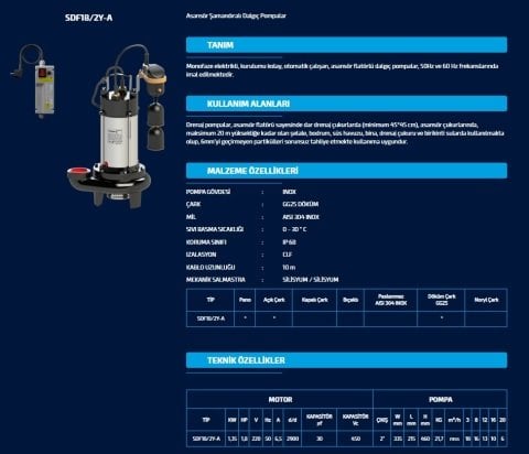 SUMAK SDF 18/2Y-A 1.8 HP 220V ASANSÖR FLATÖRLÜ DRENAJ DALGIÇ POMPA