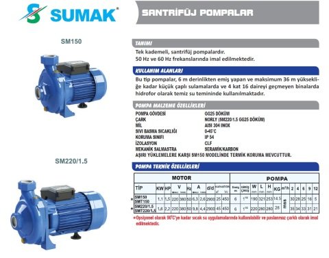SUMAK SMT150 1.5 HP 380V TEK KADEMELİ SANTRİFÜJ POMPA