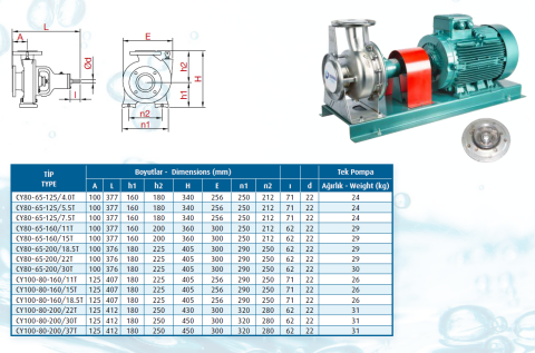 Varan Pompa CY100-80-160/18.5T 25hp (3000 d/d) Komple Paslanmaz Çelik (AISI 316) Kaplinli Santrifüj Pompa