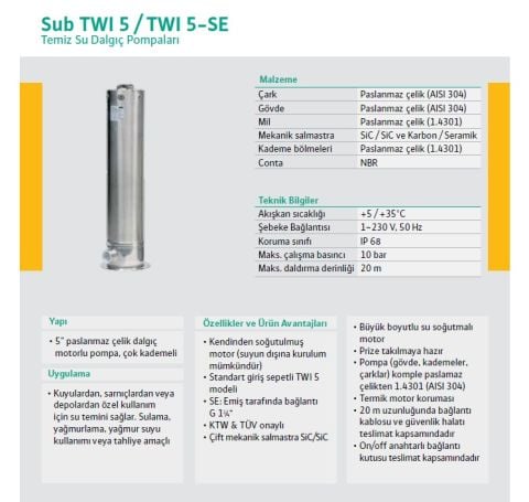 WİLO Sub TWI5-SE 308 M  1.1kW 220V  5'' PASLANMAZ ÇELİK DALGIÇ MOTORLU ÇOK KADEMELİ KESON KUYU TEMİZ SU DALGIÇ POMPA