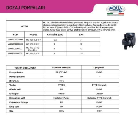 Aqua HC 100 05-08 Plus Plus   ( 5 L/H 8 Bar)  Sabit Atımlı Dozaj Pompası