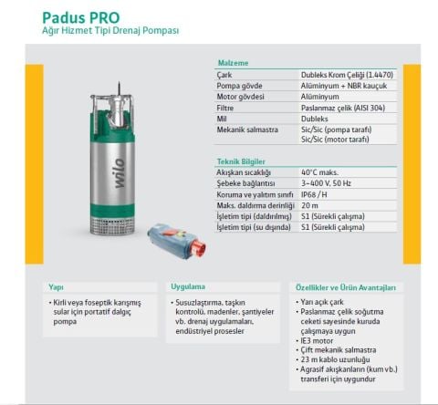 WİLO Padus PRO M05/M015-523/P  1.5kW 220V  AĞIR HİZMET TİPİ PORTATİF DRENAJ DALGIÇ POMPA