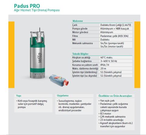 WİLO Padus PRO M08/T090-540/P  9kW 380V  AĞIR HİZMET TİPİ PORTATİF DRENAJ DALGIÇ POMPA