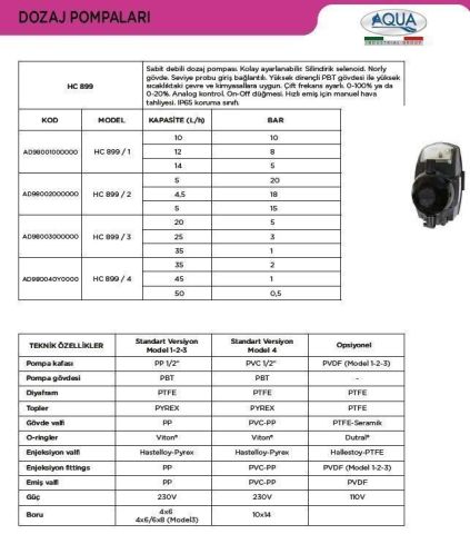 Aqua HC 899 / 1   Sabit Debili Dozaj Pompası